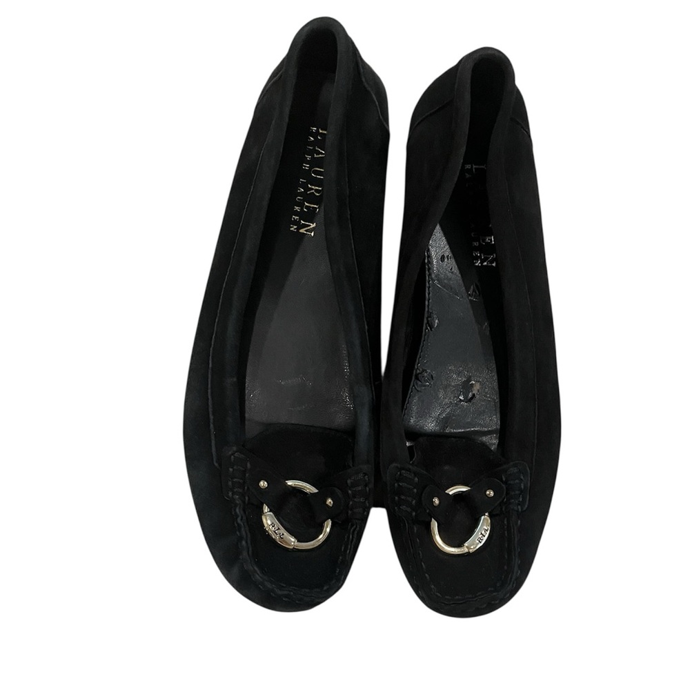 Ralph Lauren Black Suede Loafers with Gold Buckle